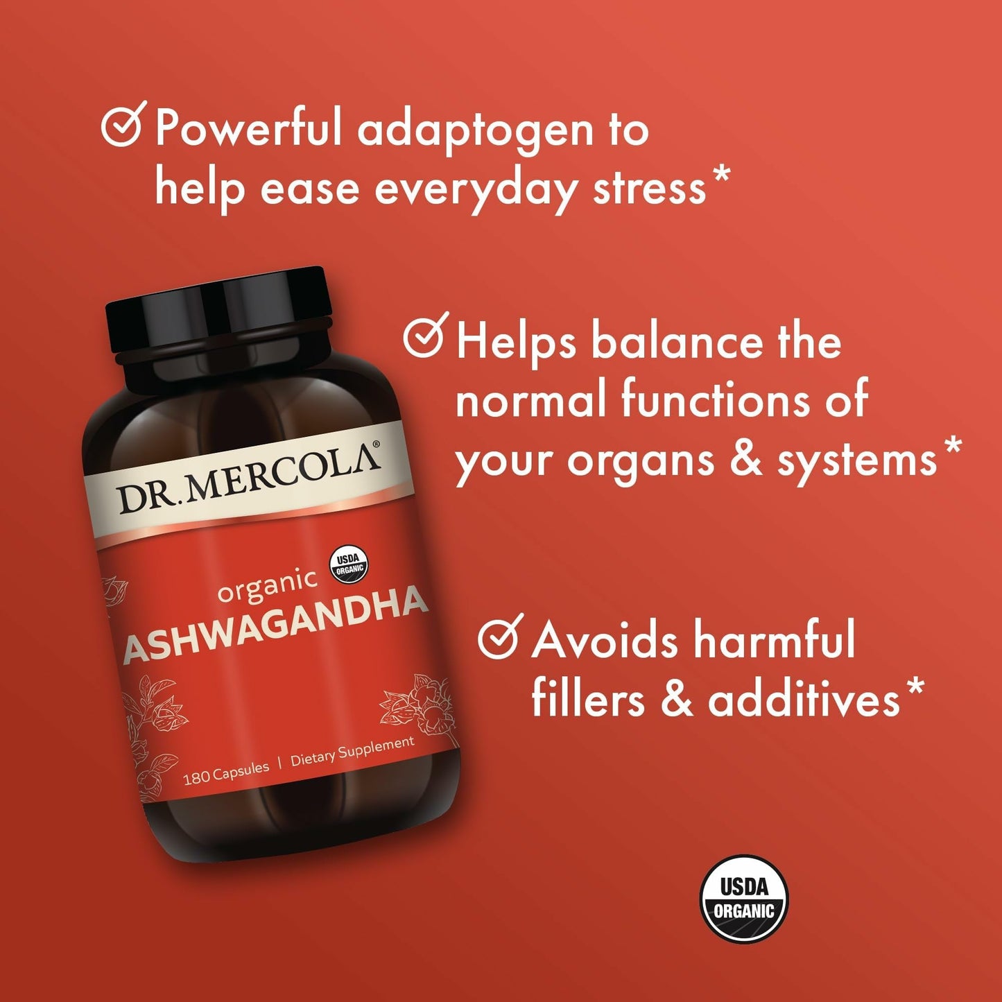 Dr. Mercola Organic Ashwagandha - 800 mg per Serving | Adrenal Support & Energy | USDA Organic | 180 Capsules
