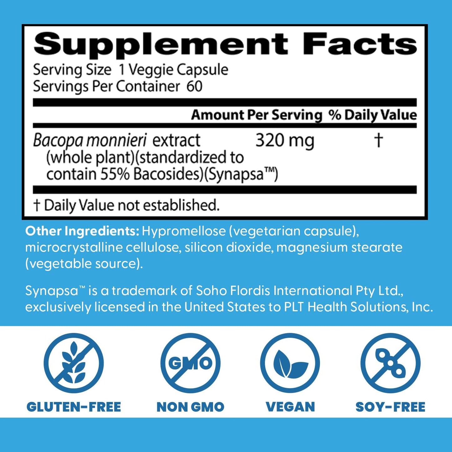 Doctor's Best Bacopa with Synapsa – Supports Cognitive Performance | Non-GMO, Gluten Free, Soy Free, Vegan | 60 Veggie Caps