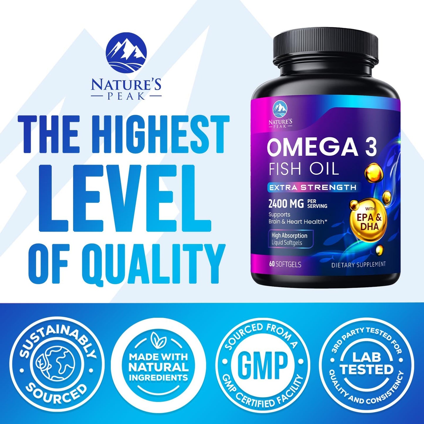 Omega-3 Fish Oil 2400 mg – Triple Strength EPA & DHA Softgels, Sustainably Sourced, 60 Softgels