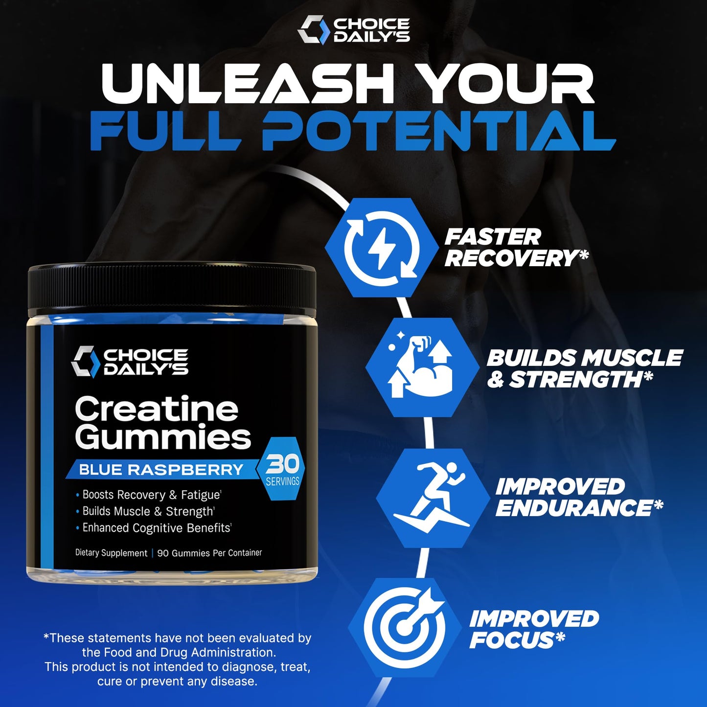 CHOICE DAILY’S Creatine Gummies - 90 Vegan Friendly Chews (Blue Raspberry) - USA Made - Muscle, Recovery & Cognitive Support