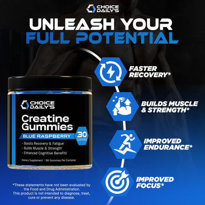 CHOICE DAILY’S Creatine Gummies - 90 Vegan Friendly Chews (Blue Raspberry) - USA Made - Muscle, Recovery & Cognitive Support