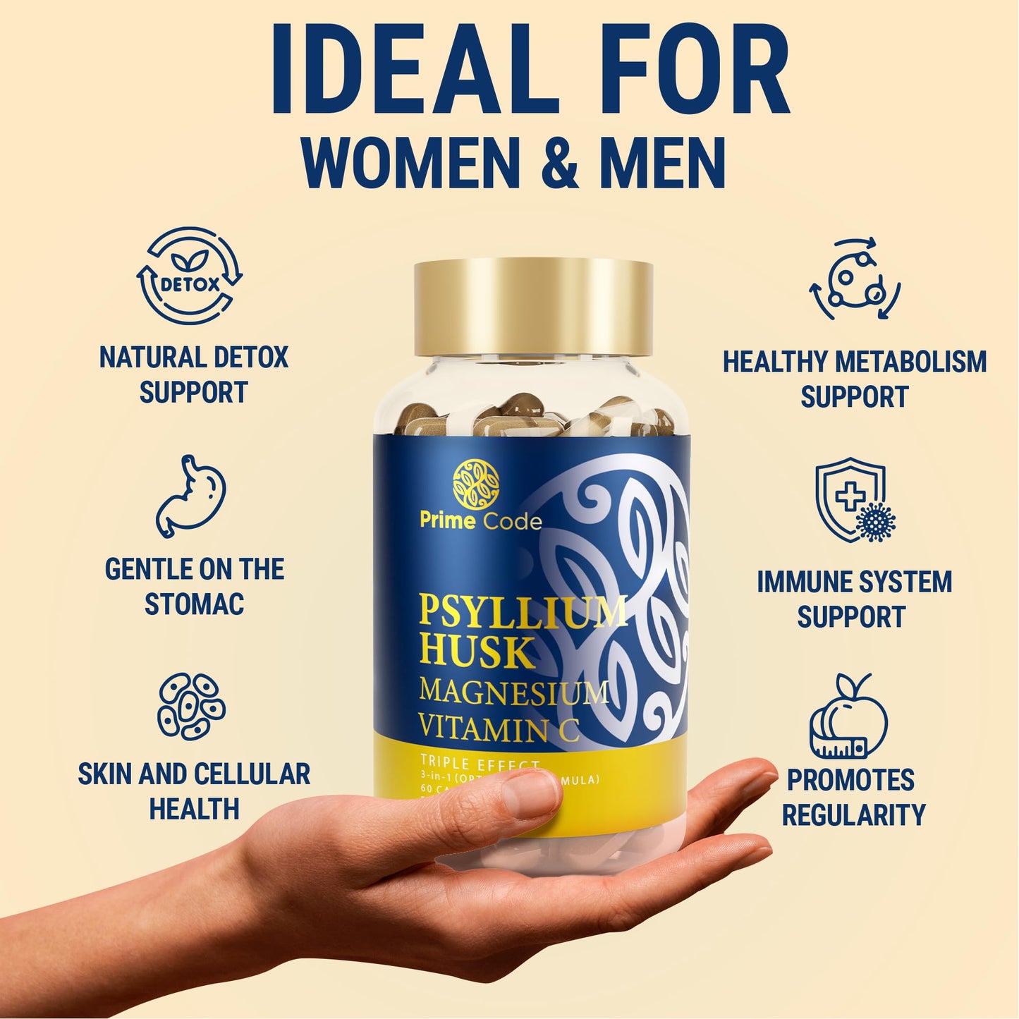 Prime Code Psyllium Husk Capsules 1000mg with Magnesium Citrate & Vitamin C | Non-GMO, Gluten & Soy Free | Vegan