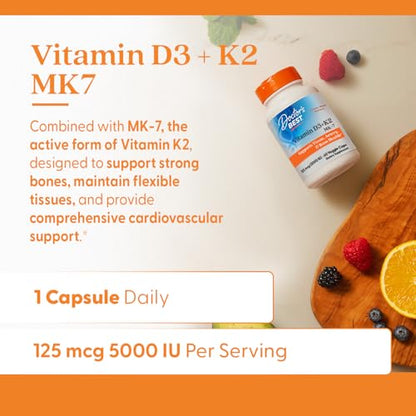 Doctor's Best Vitamin D3 + K2 MK-7 – Supports Bone, Tissue & Arterial Health, 5000 IU, 60 Veggie Caps