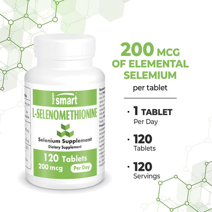 SuperSmart L-Selenomethionine 200mcg Selenium – High Absorption, Non-GMO, Gluten Free | 120 Tablets