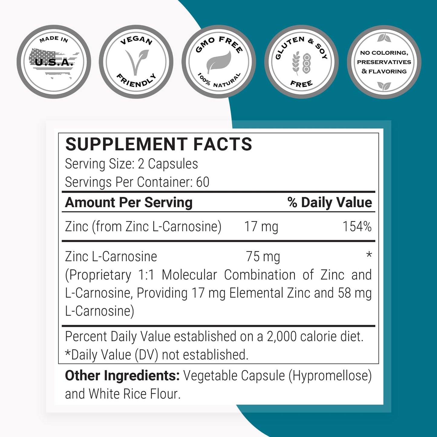 SuperSmart - Zinc L-Carnosine 75mg per Day (Well-Tolerated) - Zinc Carnosine Supplement | Non-GMO & Gluten Free - 120 Vegetarian Capsules