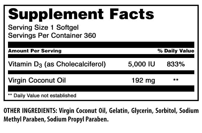 Amazing Formulas Vitamin D3 5000 IU in Coconut Oil – 360 Softgels – Non-GMO, Gluten-Free, Made in USA