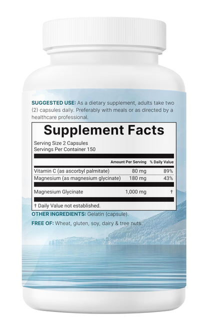 Pure Magnesium Glycinate 1,000mg | 300 Capsules | Chelated for Maximum Absorption + Vitamin C
