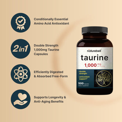 NatureBell Taurine 1,000mg – 500 Capsules | Double Strength Taurine Supplement – Non-GMO & Gluten Free
