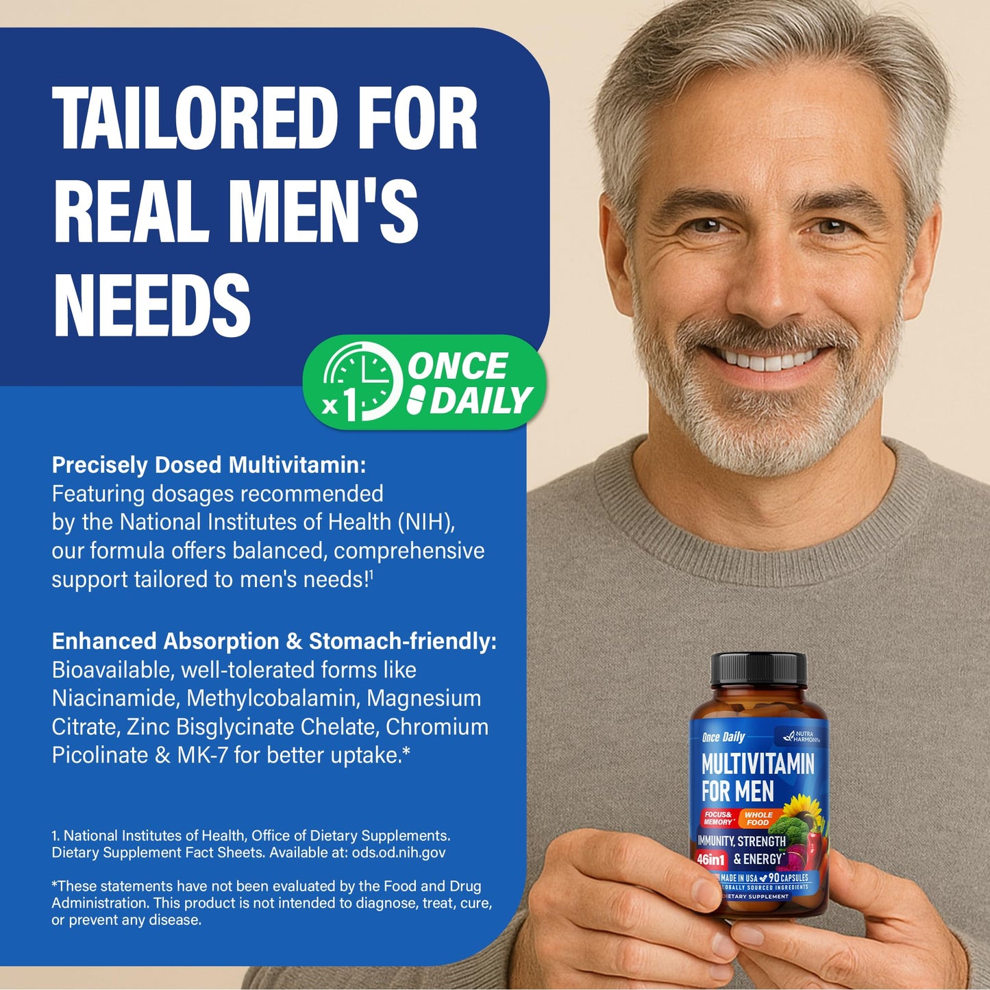Multivitamin for Men 46in1 - Bioavailable & Gentle on Stomach | Made in USA - 90 Capsules