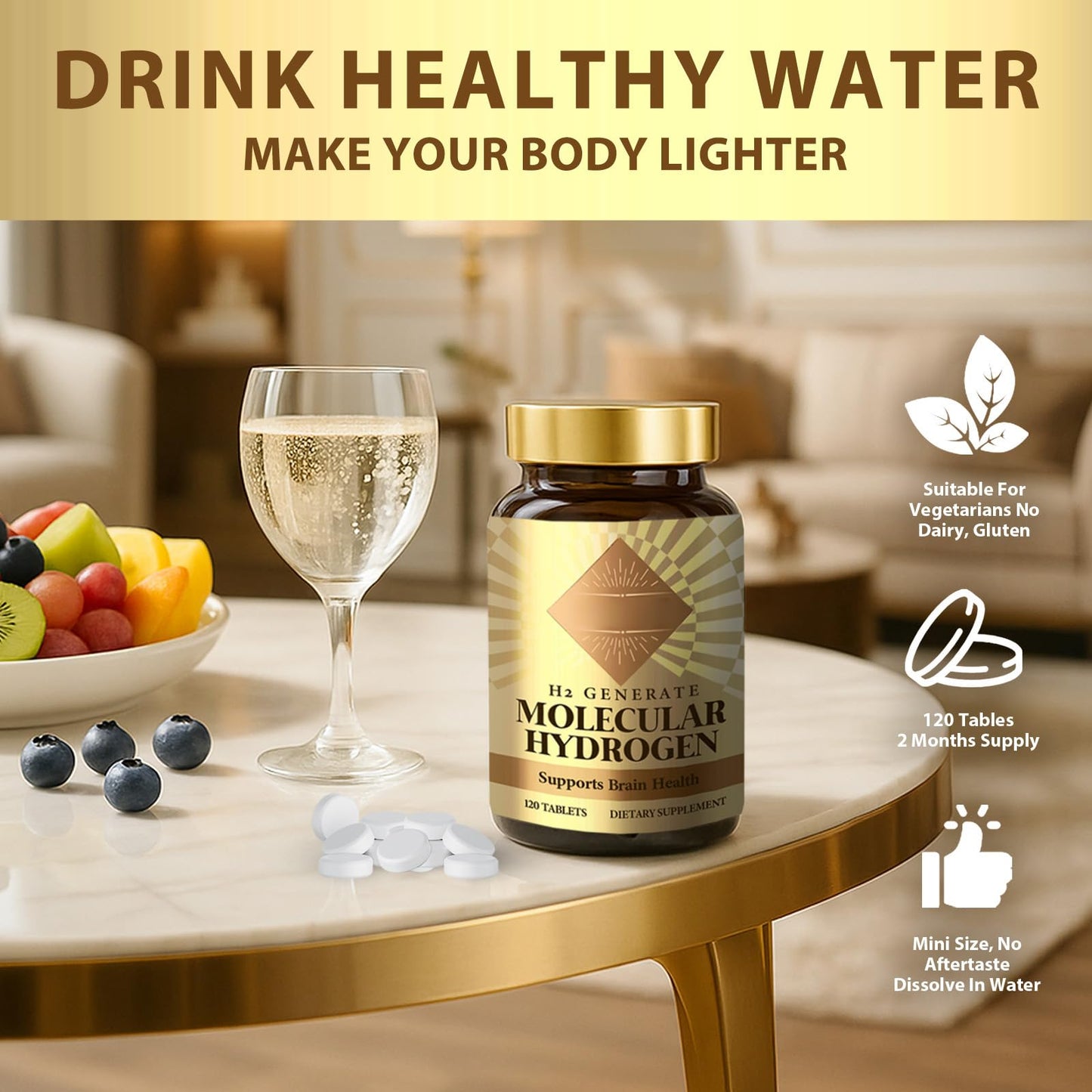 Hydrogen Water Tablets – 120 Count | H2 Molecular Hydrogen with Magnesium, Fast-Dissolving & Non-GMO