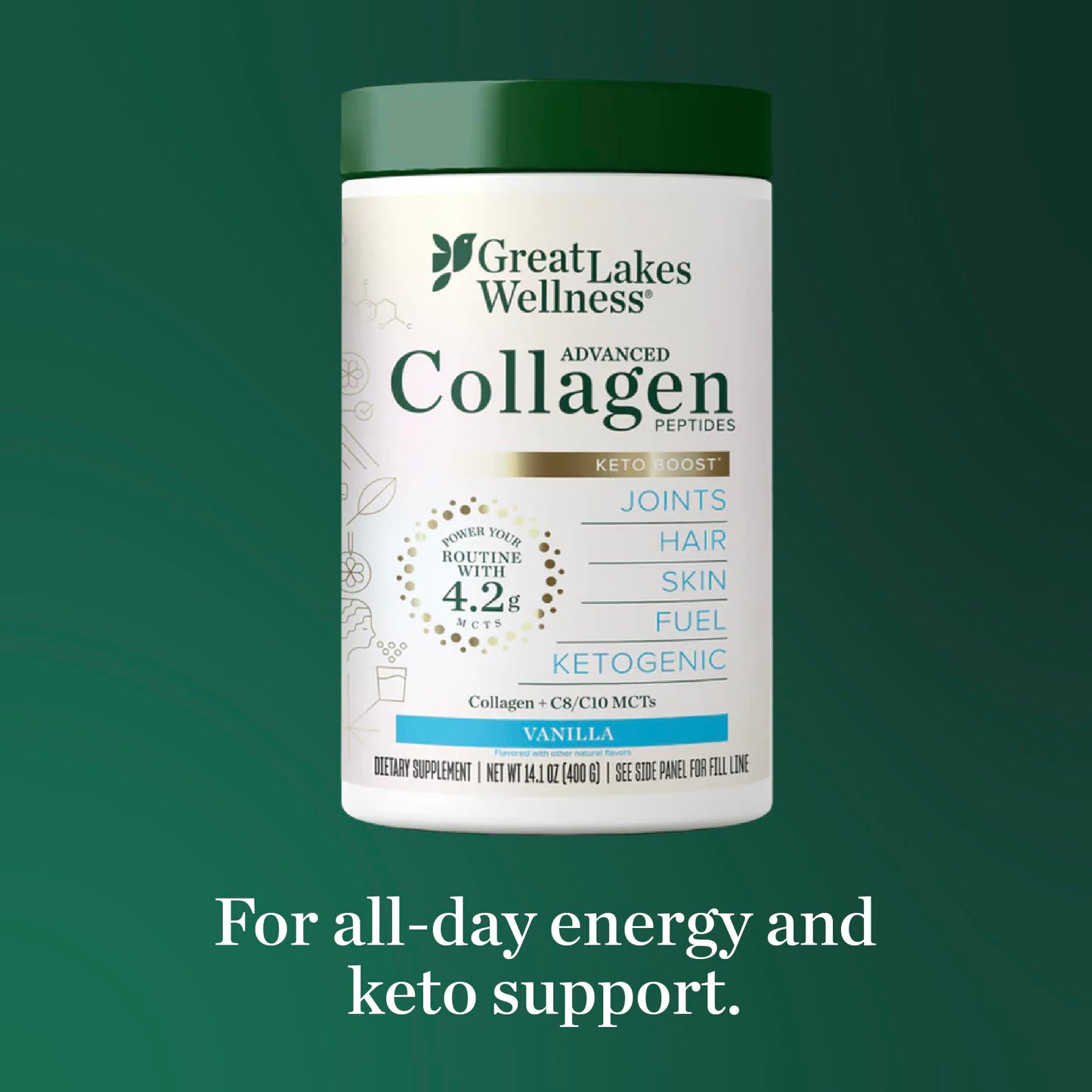 Great Lakes Wellness Keto Boost Collagen Peptides Powder – Vanilla, 14.1 oz | 4.2g MCTs, Non-Dairy Coffee Creamer, Non-GMO, Kosher