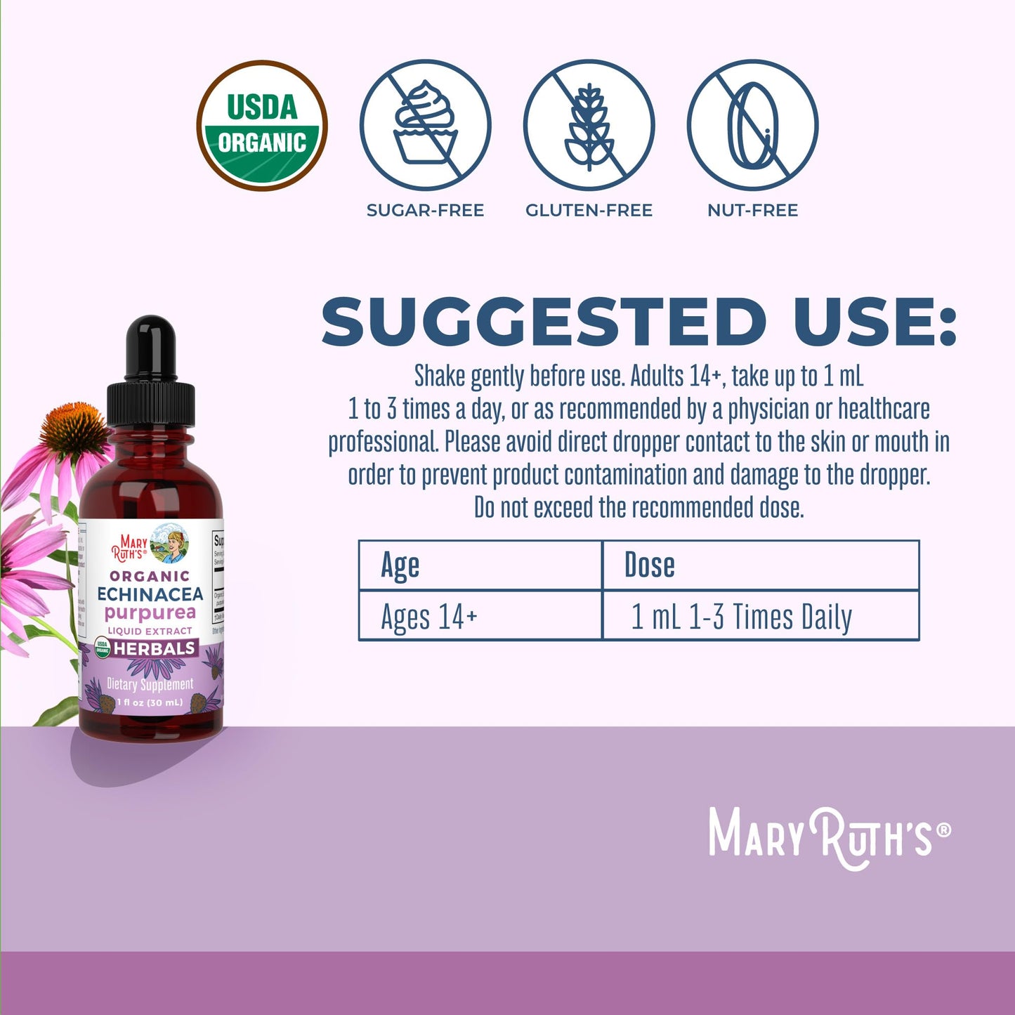 MaryRuth Organics Echinacea Purpurea Liquid | Immune Support Drops | USDA Organic | 1 Fl Oz
