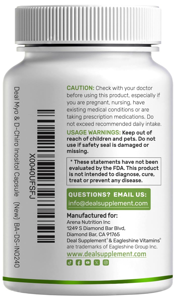 Myo-Inositol & D-Chiro Inositol for Women (40:1) – 2,050mg/serving | 240 Veggie Capsules | Non-GMO