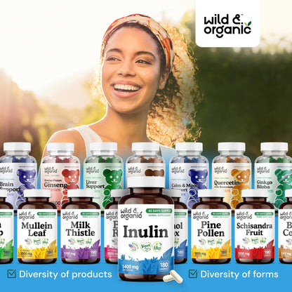 Wild & Organic Inulin Capsules 1400 mg – Vegan Prebiotic Fiber (Chicory Root) – 180 Capsules