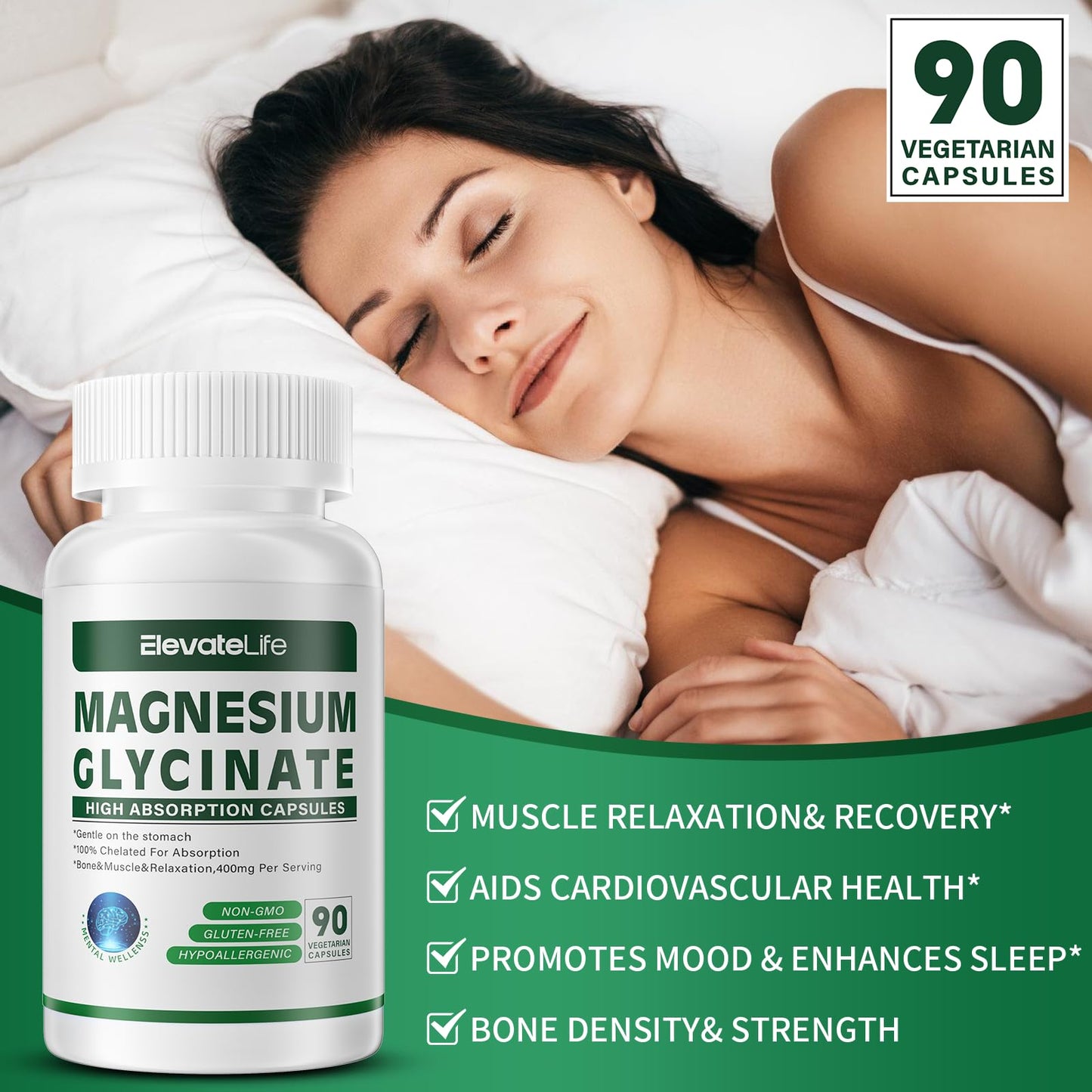 Magnesium Glycinate 400 mg – Chelated, High Absorption, Gentle on Stomach | 90 Vegetarian Capsules