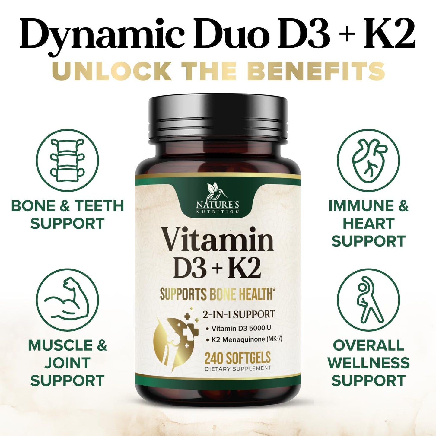 Vitamin D3 K2 5000 IU Plus with K2 MK-7 - 240 Softgels | Non-GMO