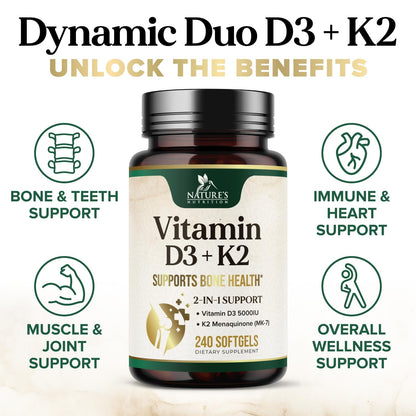 Vitamin D3 K2 5000 IU Plus with K2 MK-7 - 240 Softgels | Non-GMO