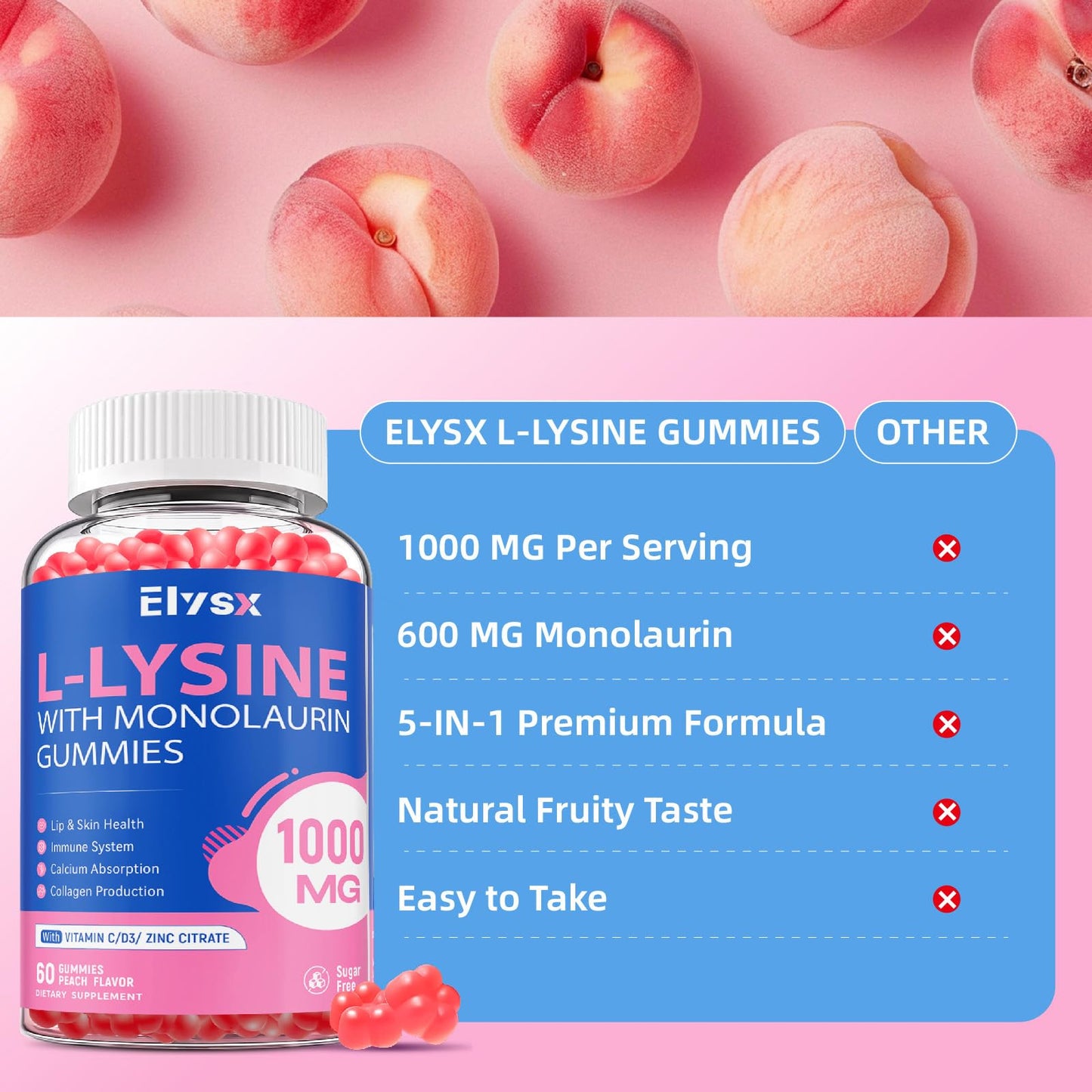 L-Lysine Gummies 1000mg with Monolaurin – Sugar-Free Peach Immune Support (60 Count)