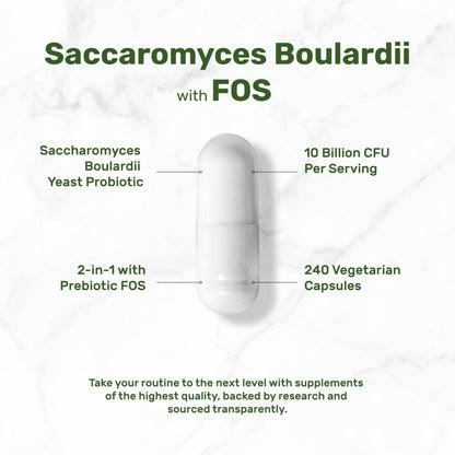 Saccharomyces Boulardii Probiotics + FOS – 10 Billion CFU, 240 Veggie Capsules | Gut, Immune & Digestive Health – Non-GMO