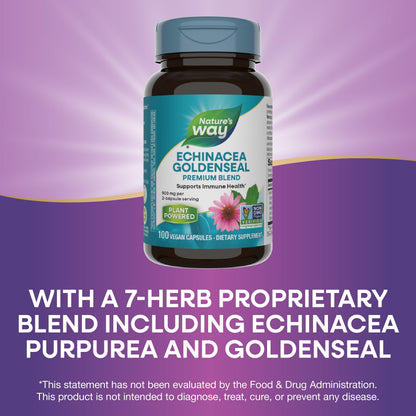 Nature's Way Echinacea Goldenseal, Premium Blend, Supports Immune Health*, 900 mg per 2-Capsule Serving, Non-GMO Project Verified, Vegan, 100 Capsules (Packaging May Vary)