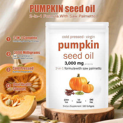 Pumpkin Seed Oil 2-in-1 with Saw Palmetto – 180 Softgels (3000mg per serving) – Prostate, Urinary & Hair Health | Non-GMO