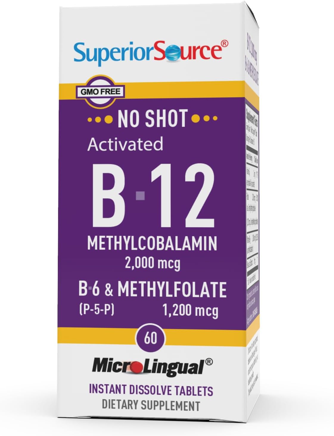 Superior Source No Shot Vitamin B-12 Methylcobalamin 2000 mcg, B-6, & Methylfolate 1200 mcg - Supports Energy, Brain, and Heart Health - Bariatric Friendly - 60 Sublingual Dissolving Tablets