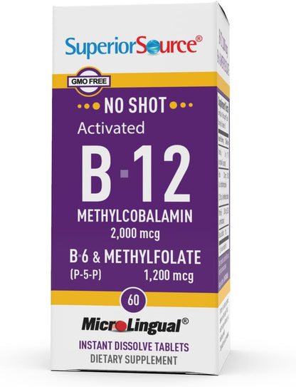 Superior Source No Shot Vitamin B-12 Methylcobalamin 2000 mcg, B-6, & Methylfolate 1200 mcg - Supports Energy, Brain, and Heart Health - Bariatric Friendly - 60 Sublingual Dissolving Tablets