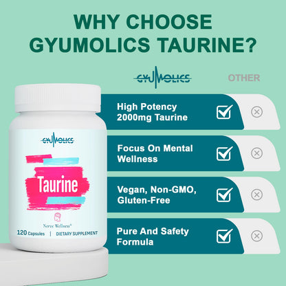 Gyumolics Taurine 2000mg – 5-in-1 Plant-Based Amino Acid Supplement (L-Theanine, Myo-Inositol, B6 & B12)