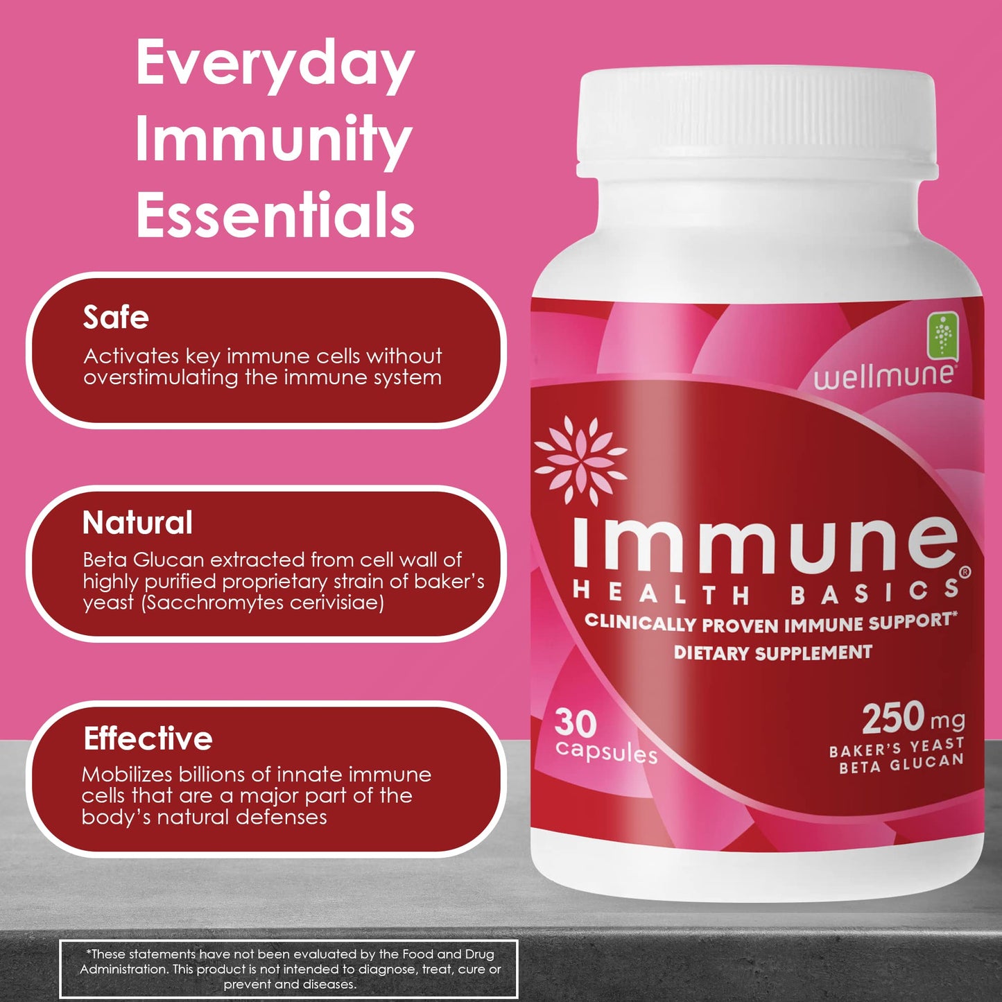 Immune Health Basics Ultra Strength Immunity - Clinically Proven Immune Support - Wellmune Highly Purified Beta Glucan - Gluten-Free, Non-allergenic, Non-GMO and Vegan Capsules - 30 Capsules, 250 mg
