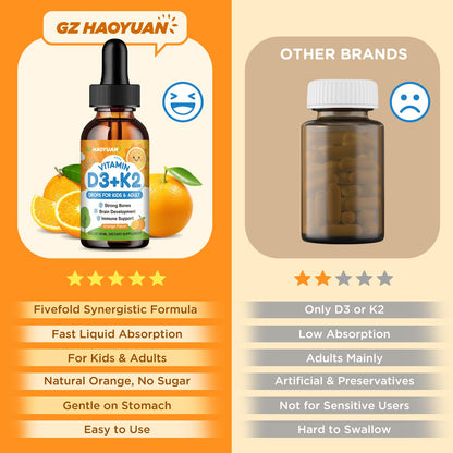 Vitamin D3 K2 Drops for Kids – Vegan Non-GMO Orange 2oz | Supports Calcium Absorption, Bones, Brain & Immunity
