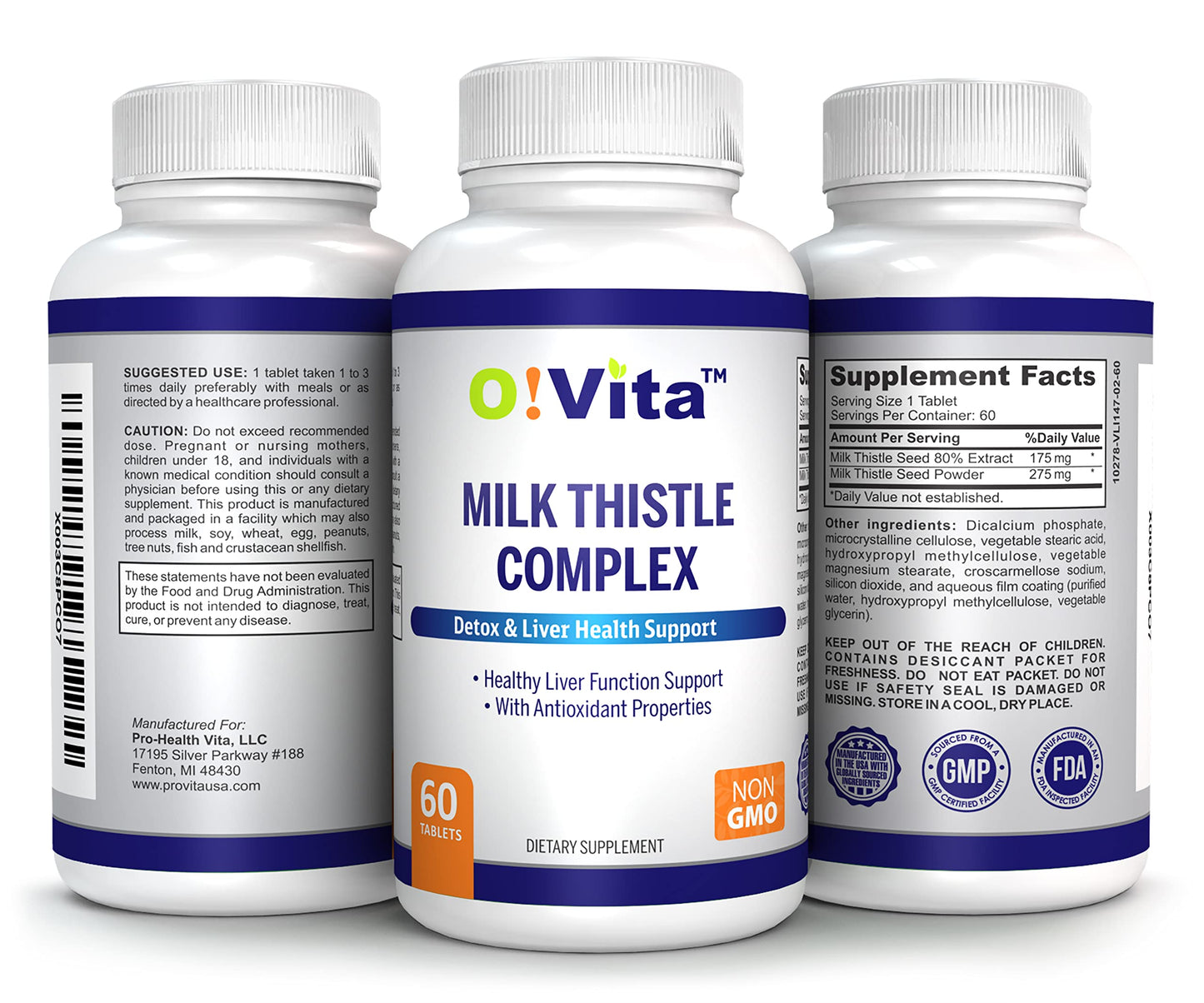 O!VITA Milk Thistle Complex 450mg - Supports Healthy Liver Function - 60 Non-GMO Vegan Tablets