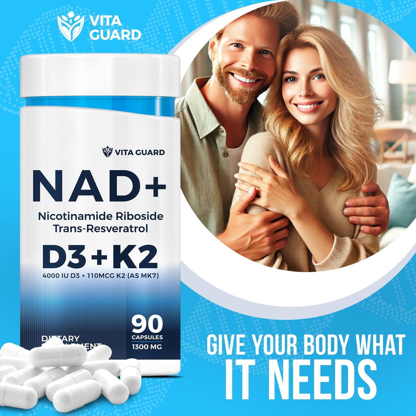 Anti-Aging Energy NAD Supplement – NMN Alternative with Nicotinamide Riboside 1000mg, Trans-Resveratrol 300mg, Vitamin D3 4000 IU and K2 110 mcg MK7 – Vegetarian 60 Capsules, 1300mg