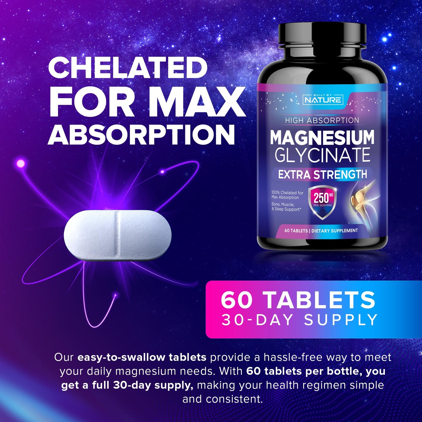 Magnesium Glycinate 250mg - High Absorption Chelated Magnesium Supplement for Stress, Sleep, Heart & Muscle Health - 100% Pure, Non-GMO, Vegan, Gluten-Free (60 Tablets)