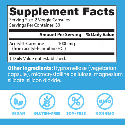 Doctors Best Acetyl-L-Carnitine (ALC) – Supports Mental Focus, Non-GMO, Vegan, 60 Veggie Caps