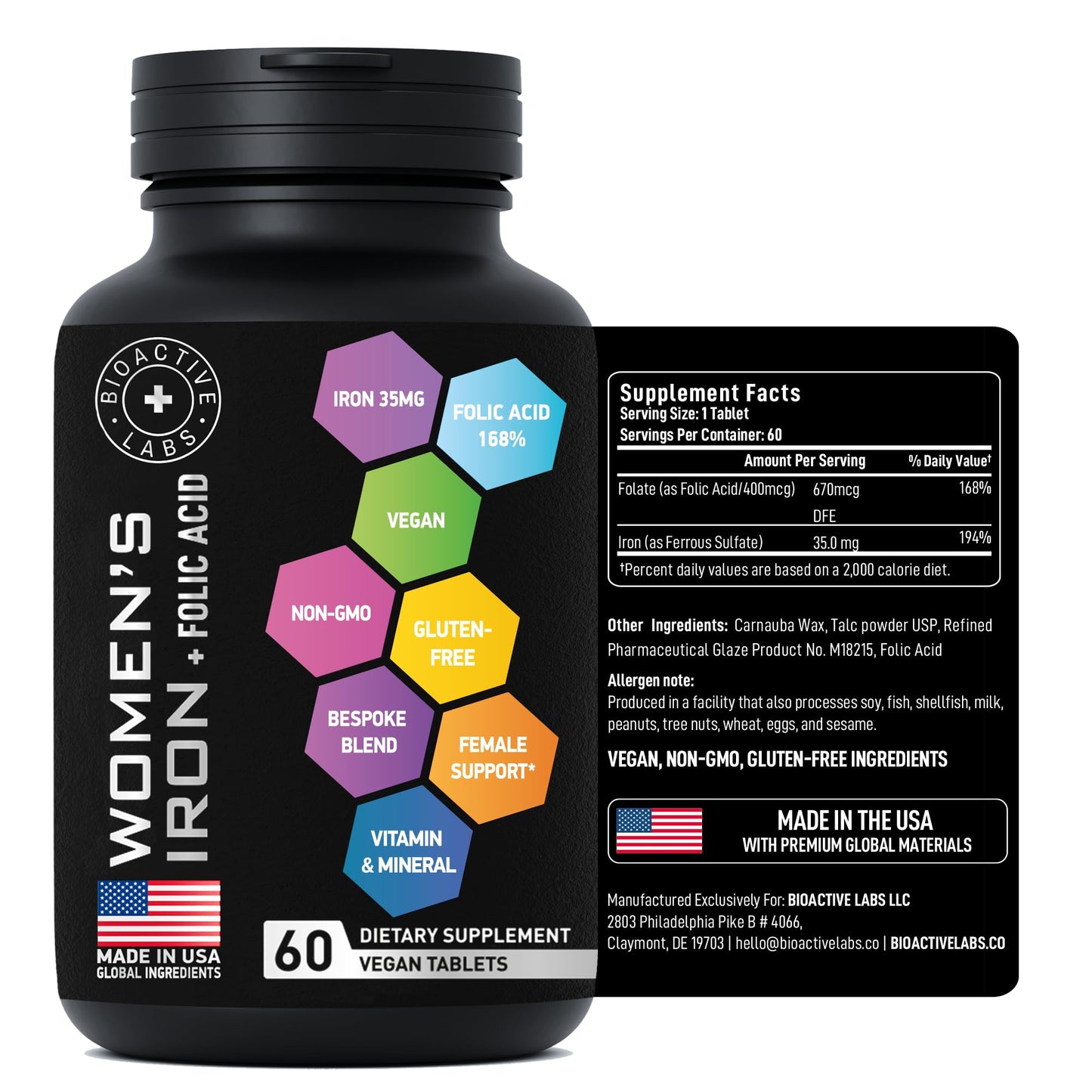 Vegan Iron for Women with Folic Acid | 194% Iron, 168% Folate | Gluten-Free