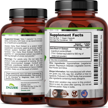 Zazzee OSHA Root 4:1 Extract - 500 mg, 120 Vegan Capsules, 4-Month Supply