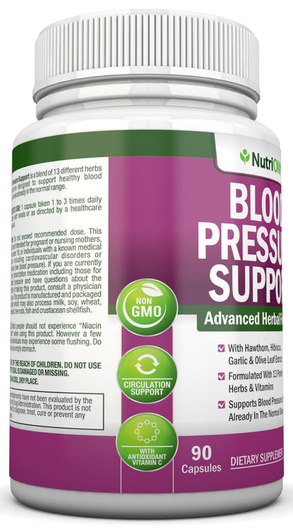Blood Pressure Support Supplement - 13 Herbs & Vitamins | 90 Day Supply
