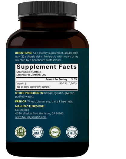 NatureBell Vitamin E Softgels 400 IU – 400 Count, Non-GMO