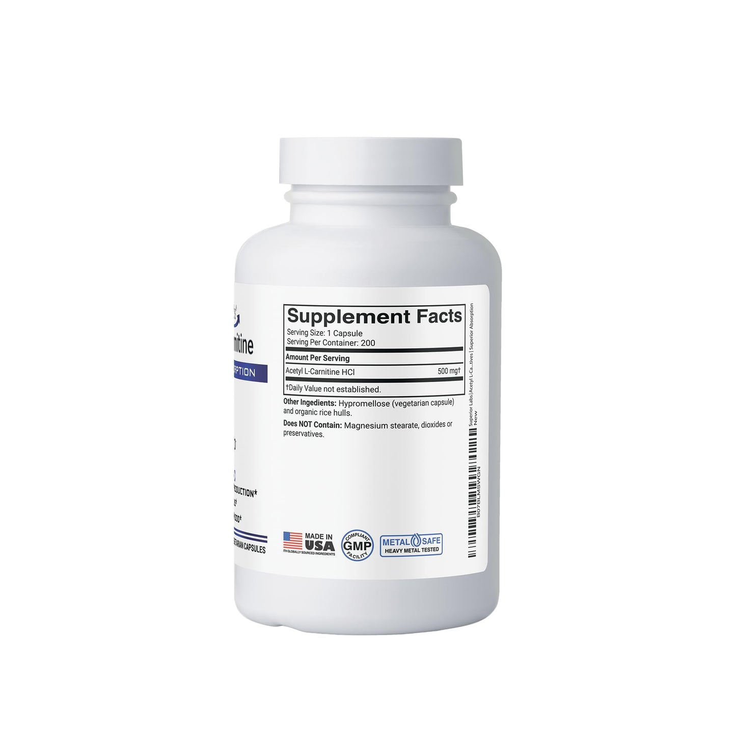 Superior Labs Acetyl L-Carnitine 500 mg - 200 Veg Caps - Non-GMO
