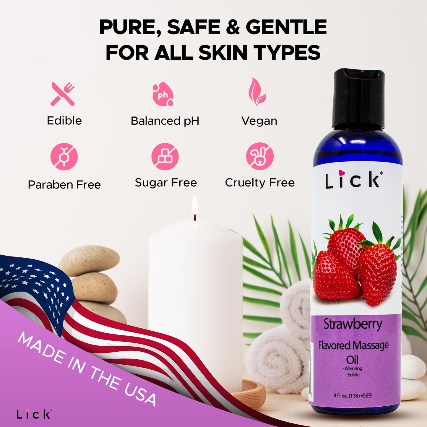 Lick Strawberry Massage Oil with Natural Vitamin E - Aromatherapy & Moisturizing 4 oz