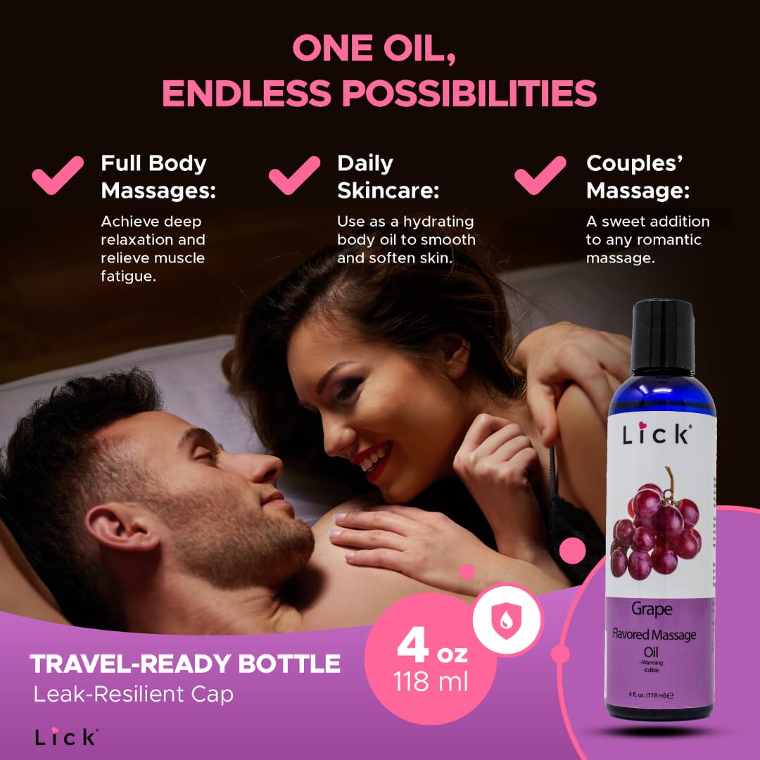 Grape Flavored Massage Oil - Vitamin E, Sweet Almond & Coconut Oil, 4 oz (Vegan, Non-Sticky)