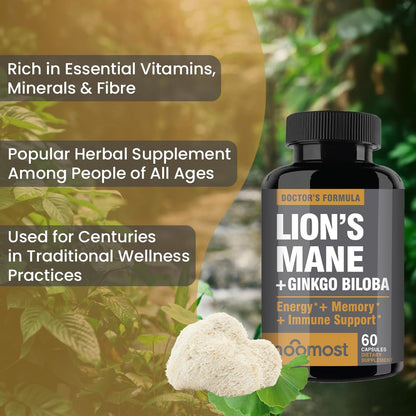 NooMost Lions Mane Organic Capsules with Ginkgo Biloba | Cognitive Health, Focus & Memory | 60 Caps (2 Month Supply)