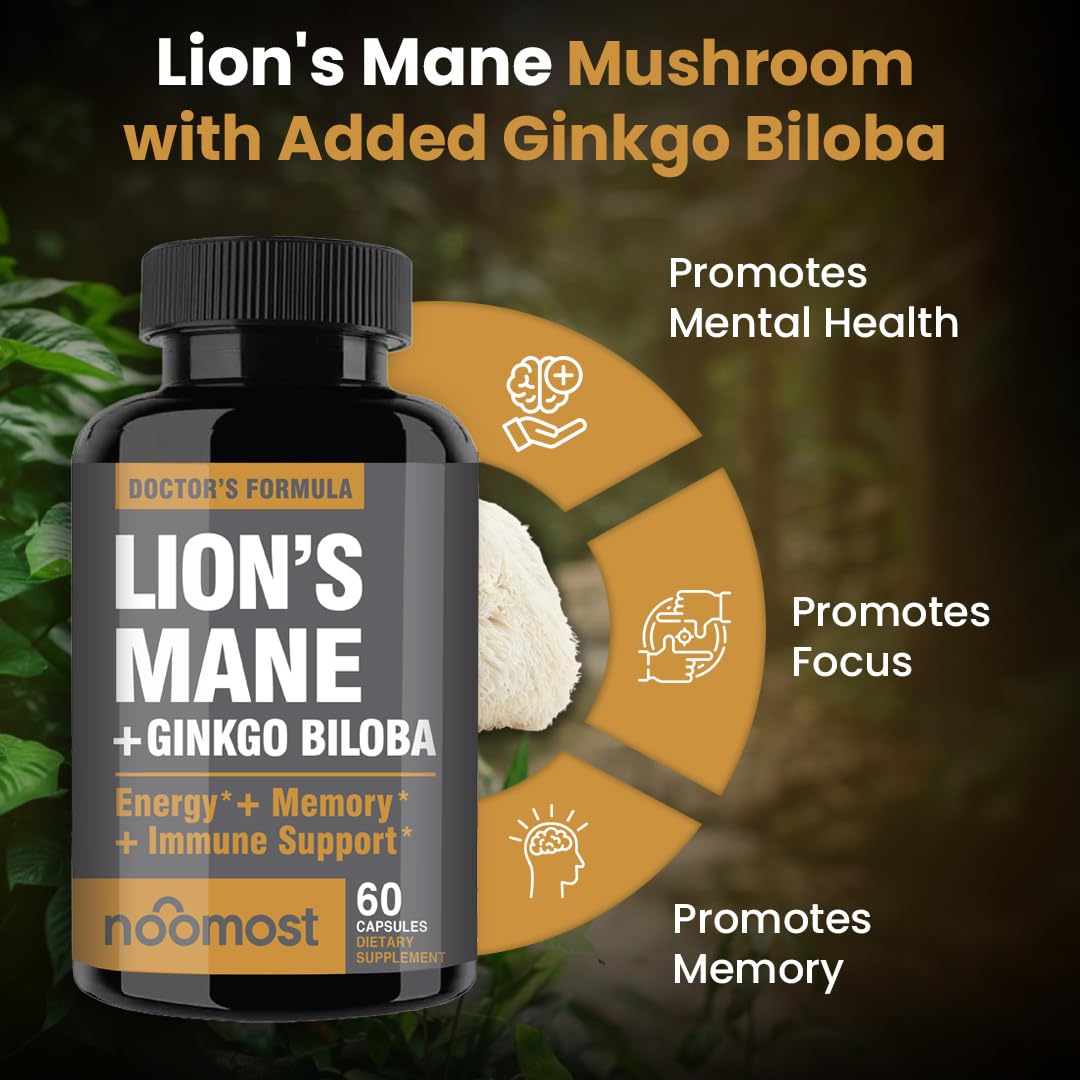 NooMost Lions Mane Organic Capsules with Ginkgo Biloba | Cognitive Health, Focus & Memory | 60 Caps (2 Month Supply)