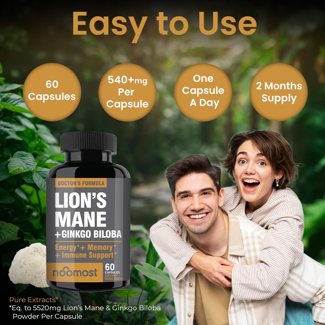 NooMost Lions Mane Organic Capsules with Ginkgo Biloba | Cognitive Health, Focus & Memory | 60 Caps (2 Month Supply)