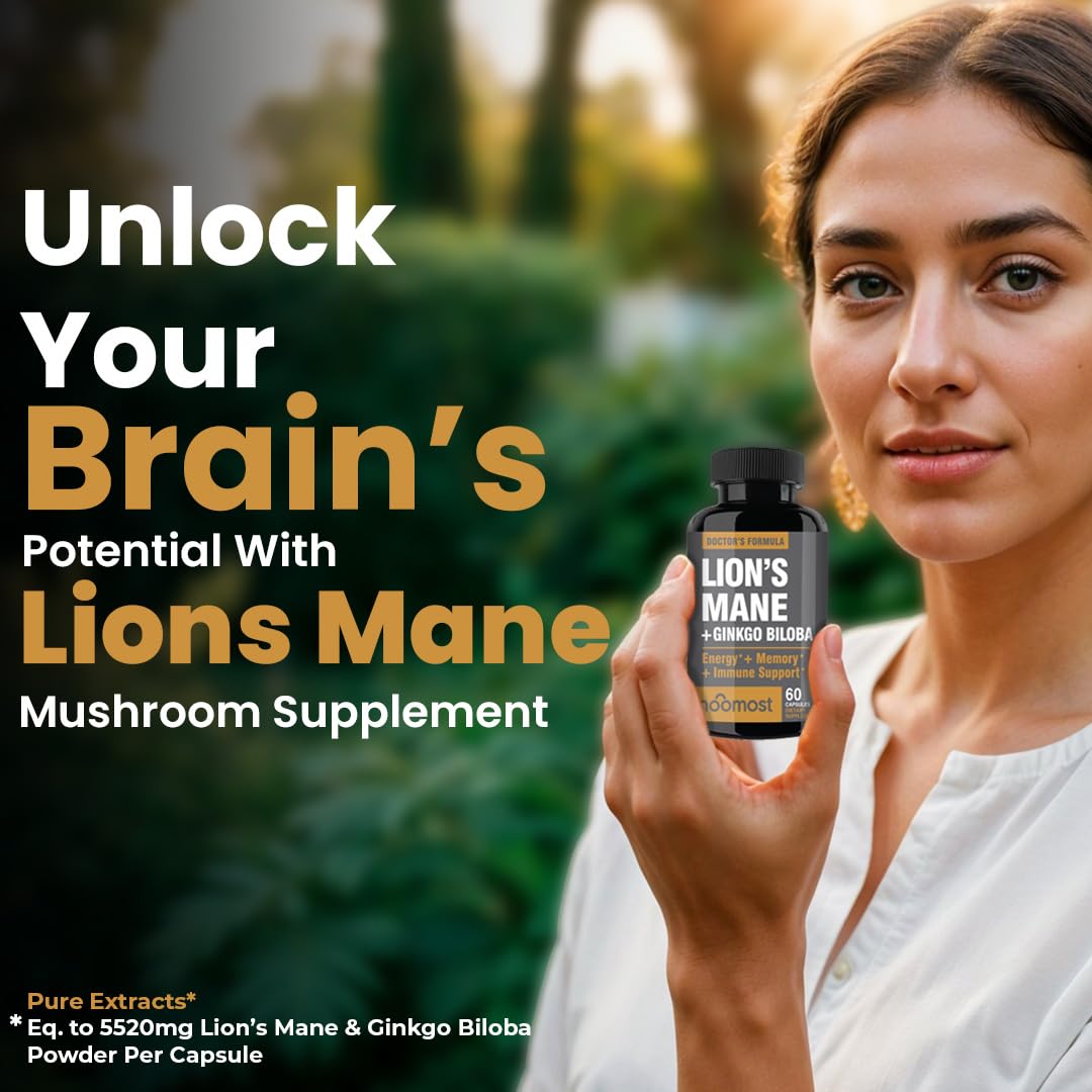NooMost Lions Mane Organic Capsules with Ginkgo Biloba | Cognitive Health, Focus & Memory | 60 Caps (2 Month Supply)