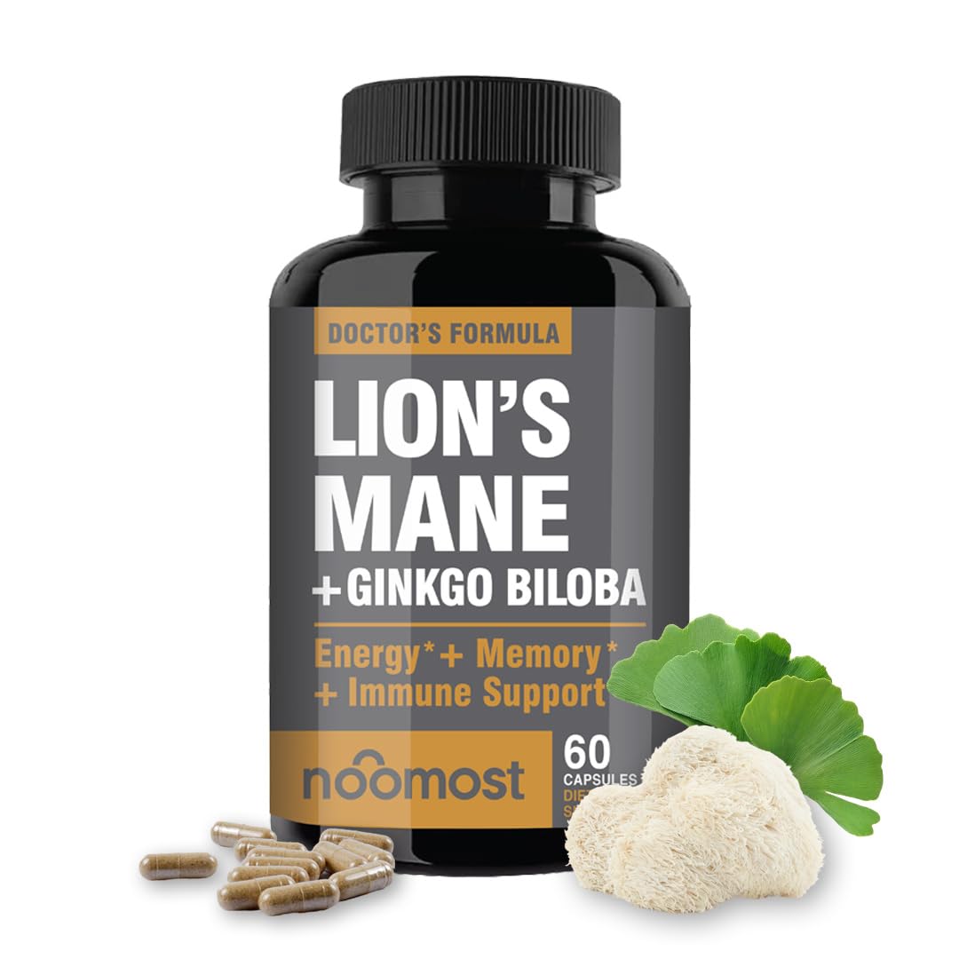 NooMost Lions Mane Organic Capsules with Ginkgo Biloba | Cognitive Health, Focus & Memory | 60 Caps (2 Month Supply)