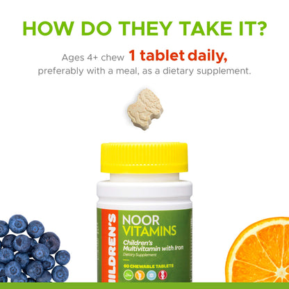 Noor Vitamins Halal Kids Multivitamin Chewable - Immune, Bone & Eye Health | Iron, Non-GMO, Gluten Free - 60 Count