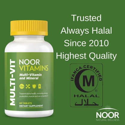 Noor Vitamins Halal Multivitamin – 30 Vitamins & Minerals, 60 Tablets, 2-Month Supply, Non-GMO