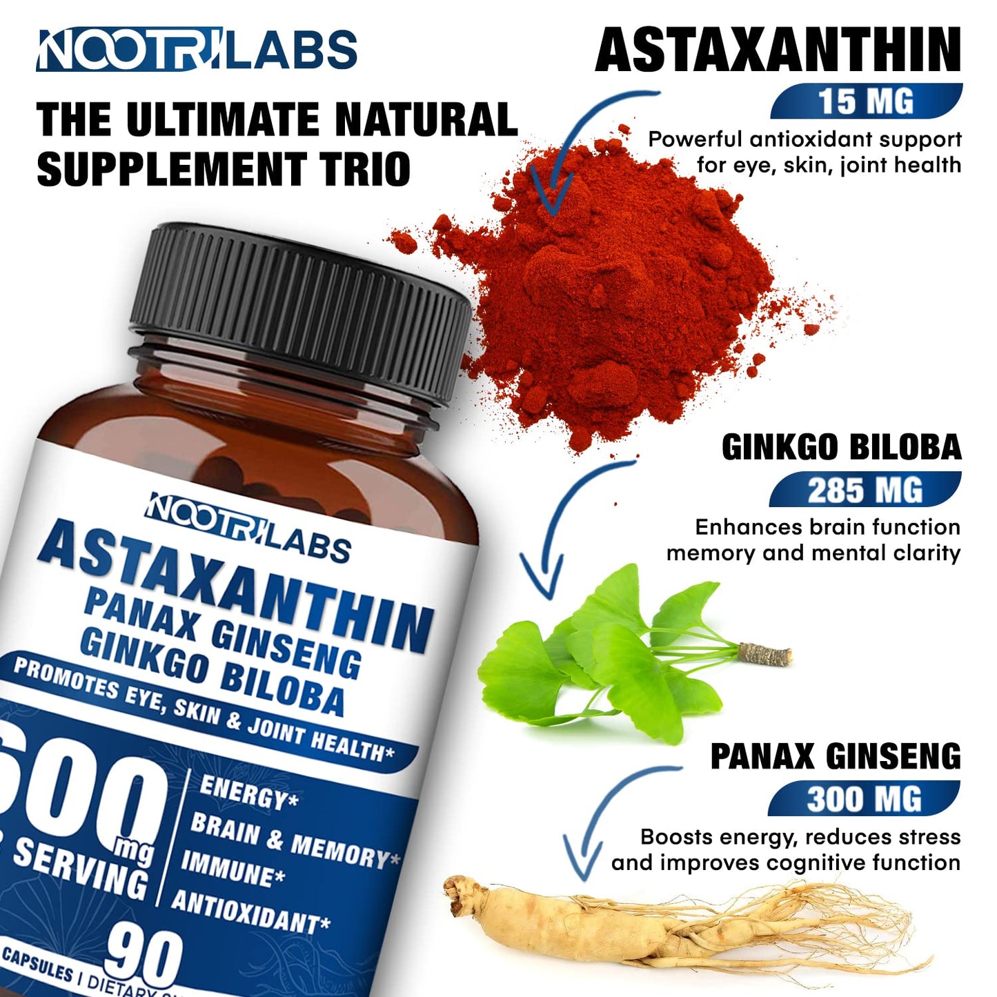 Nootrilabs Naturals Astaxanthin 15mg + Panax Ginseng + Ginkgo – 90 Vegan Capsules