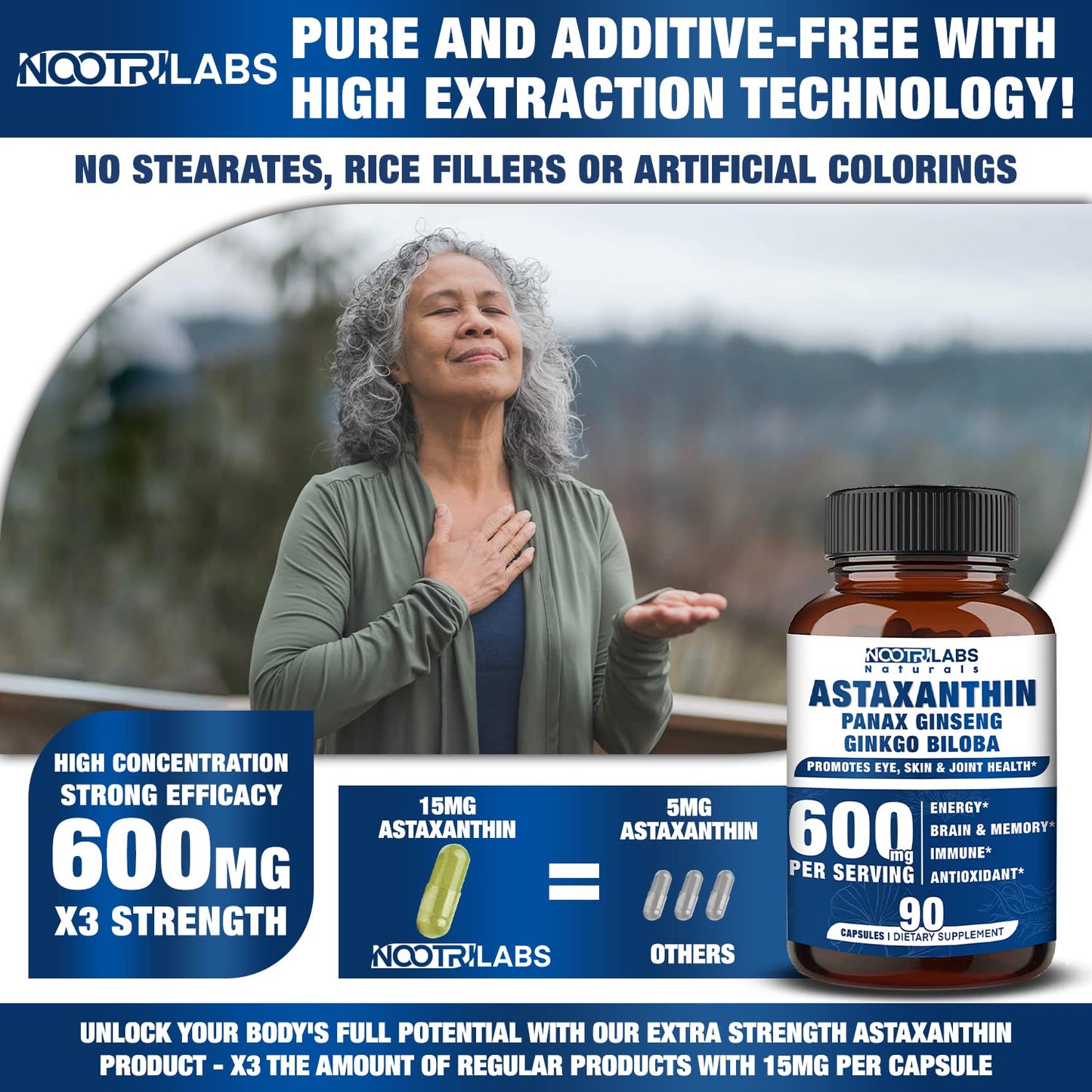 Nootrilabs Naturals Astaxanthin 15mg + Panax Ginseng + Ginkgo – 90 Vegan Capsules